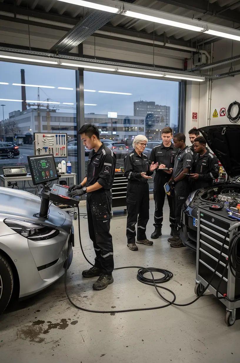 Erfahrener Mechaniker führt Wartung und Inspektion an verschiedenen Fahrzeugtypen durch.